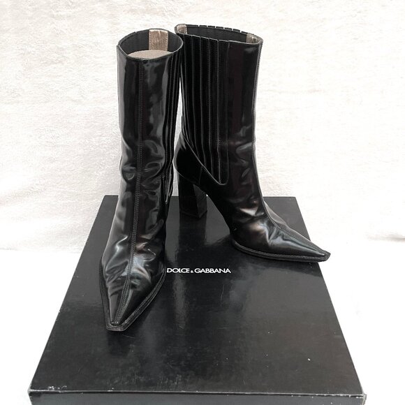 Auc Dolce&Gabbana pointed toe elasticized gores chunky heel smooth leather boots - Picture 7 of 13